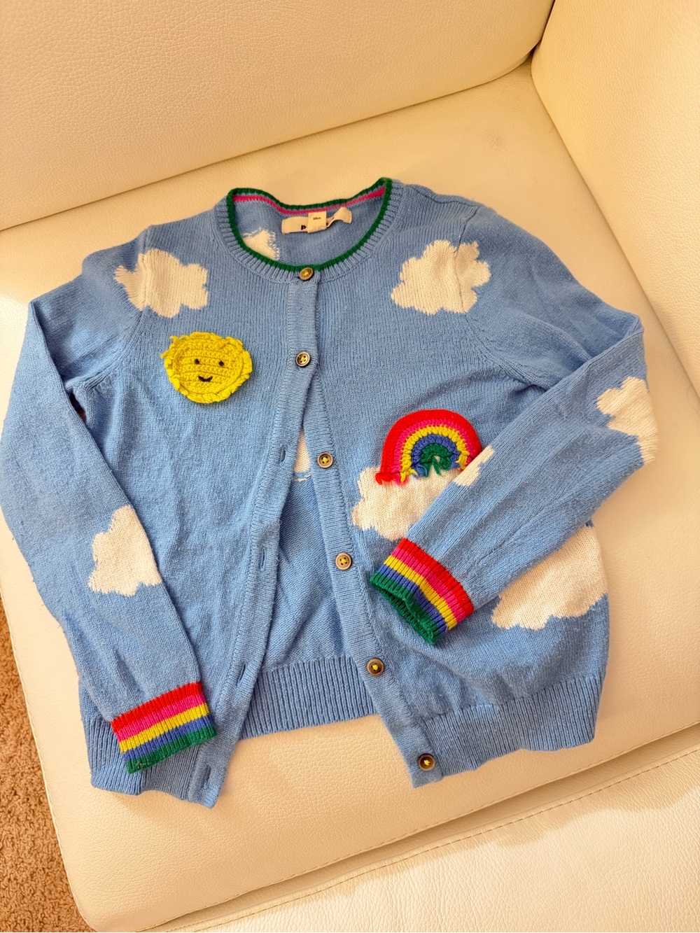 Boden Light Blue Cardigan with Green Trim and Pink Accent